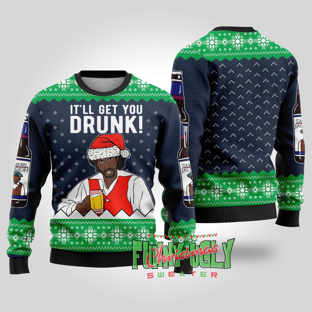 Funny Samuel Jackson Beer Ugly Christmas Sweater Navy Trendy Winter Sweatshirt for Cozy Moments