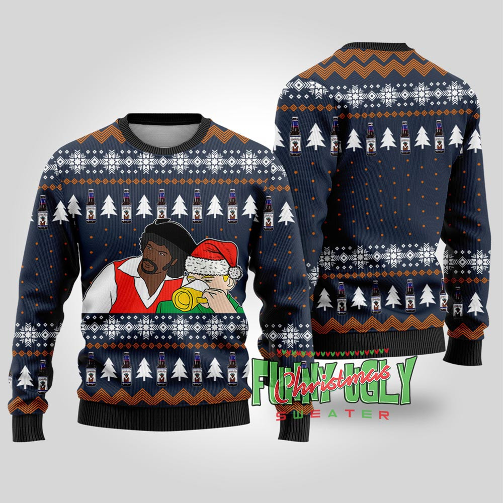 Funny Samuel Jackson Drink Beer Ugly Christmas Sweater Navy Cute Christmas Sweatshirt for Holiday Spirit