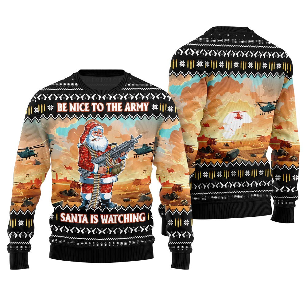 Funny Santa Be Nice To Army Officer Ugly Christmas Sweater Black Thoughtful Winter Gift Merch for Special Moments