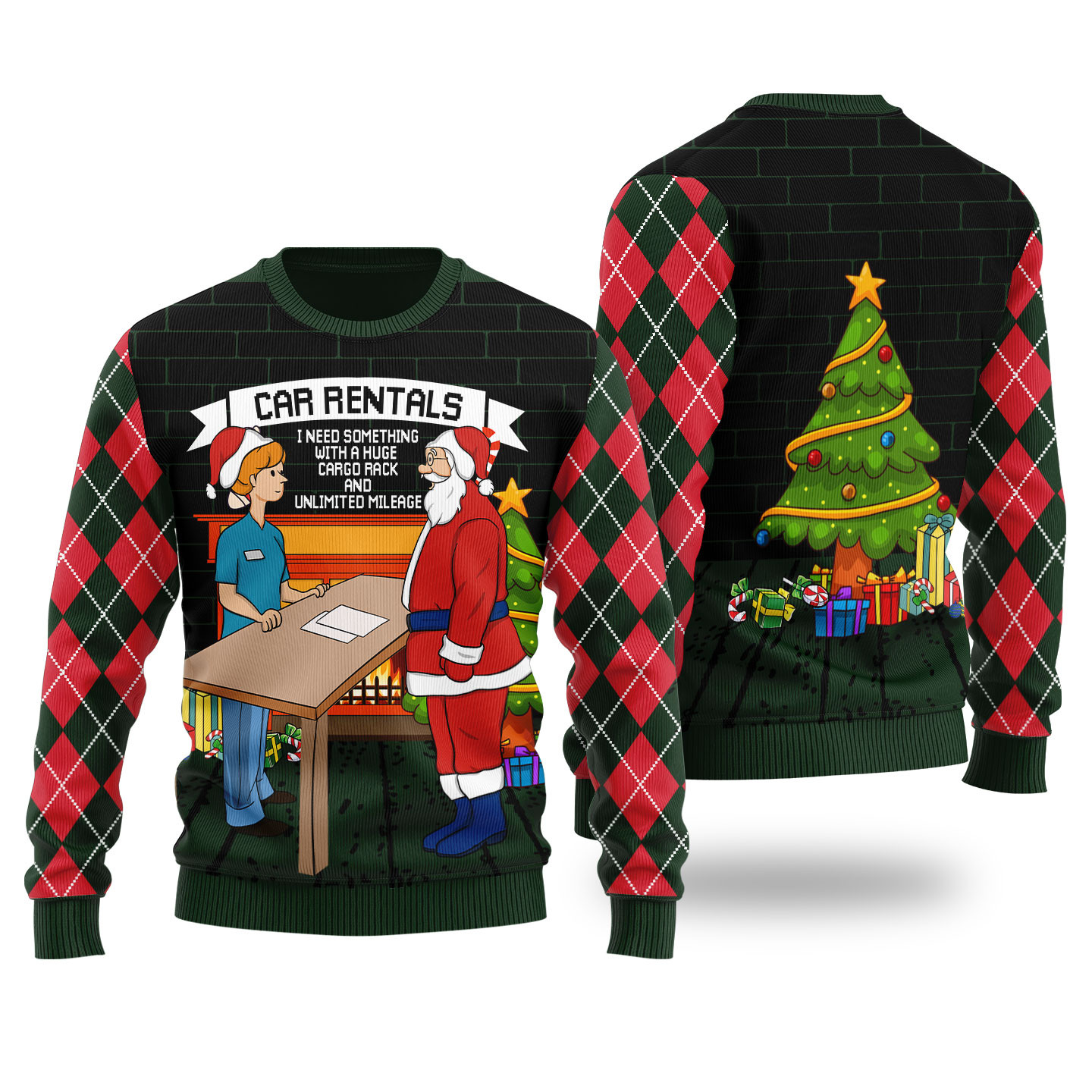 Funny Santa Car Rentals Ugly Christmas Sweater Forest Green Warm Winter Merch Gift for Someone You Love