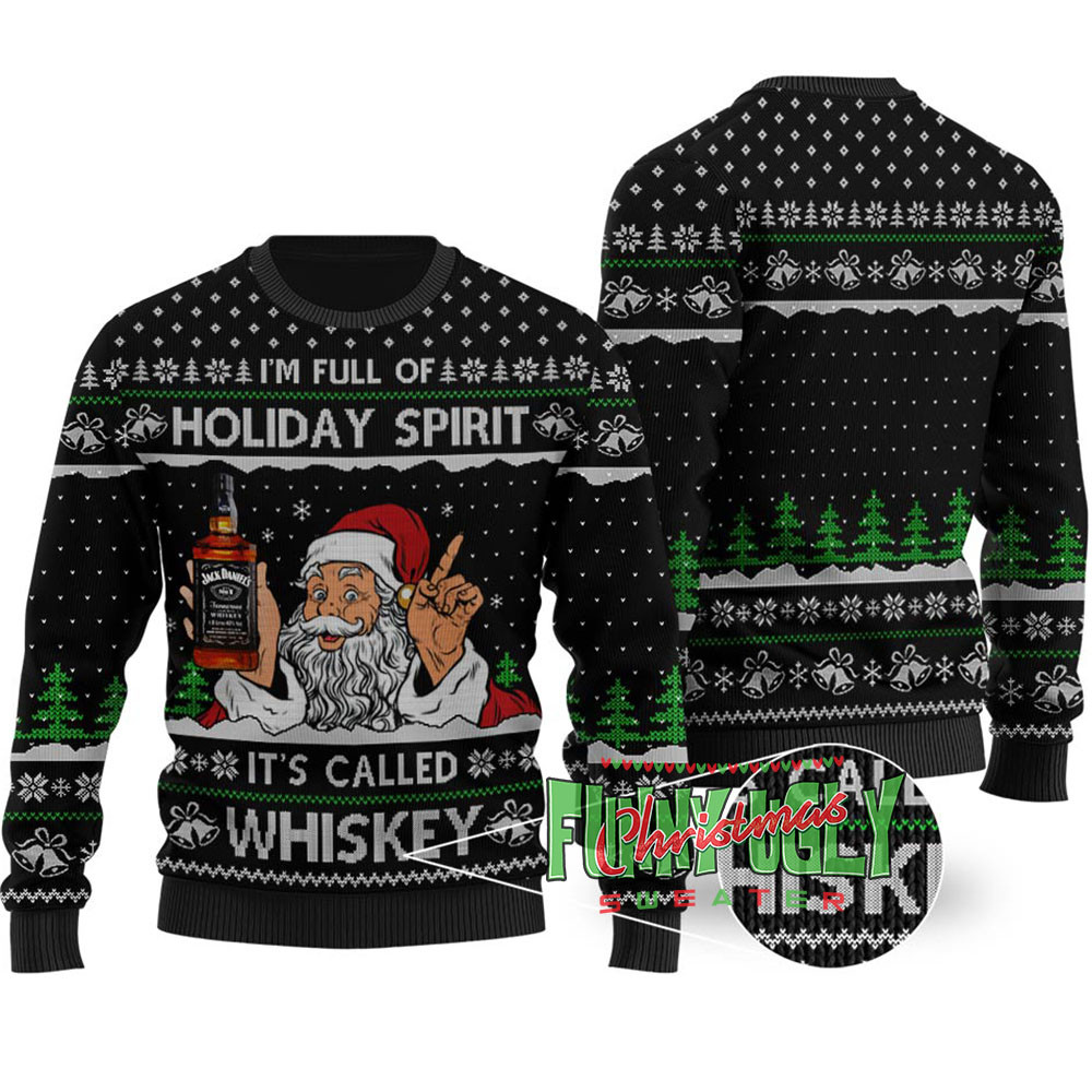 Funny Santa Drinking Whiskey Ugly Christmas Sweater Black Warm Winter Sweater to Brighten Your Holidays