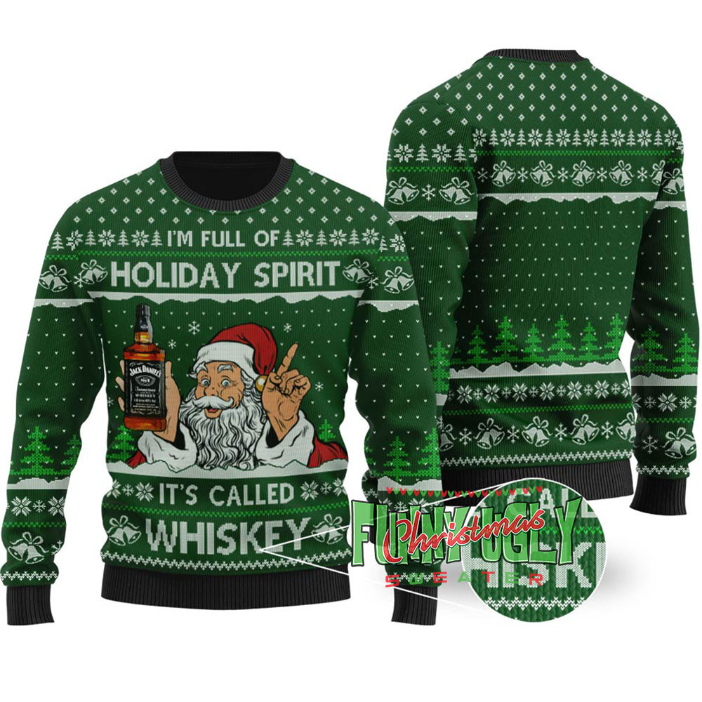Funny Santa Drinking Whiskey Ugly Christmas Sweater Forest Green Comfortable Holiday Sweater for Chilly Nights
