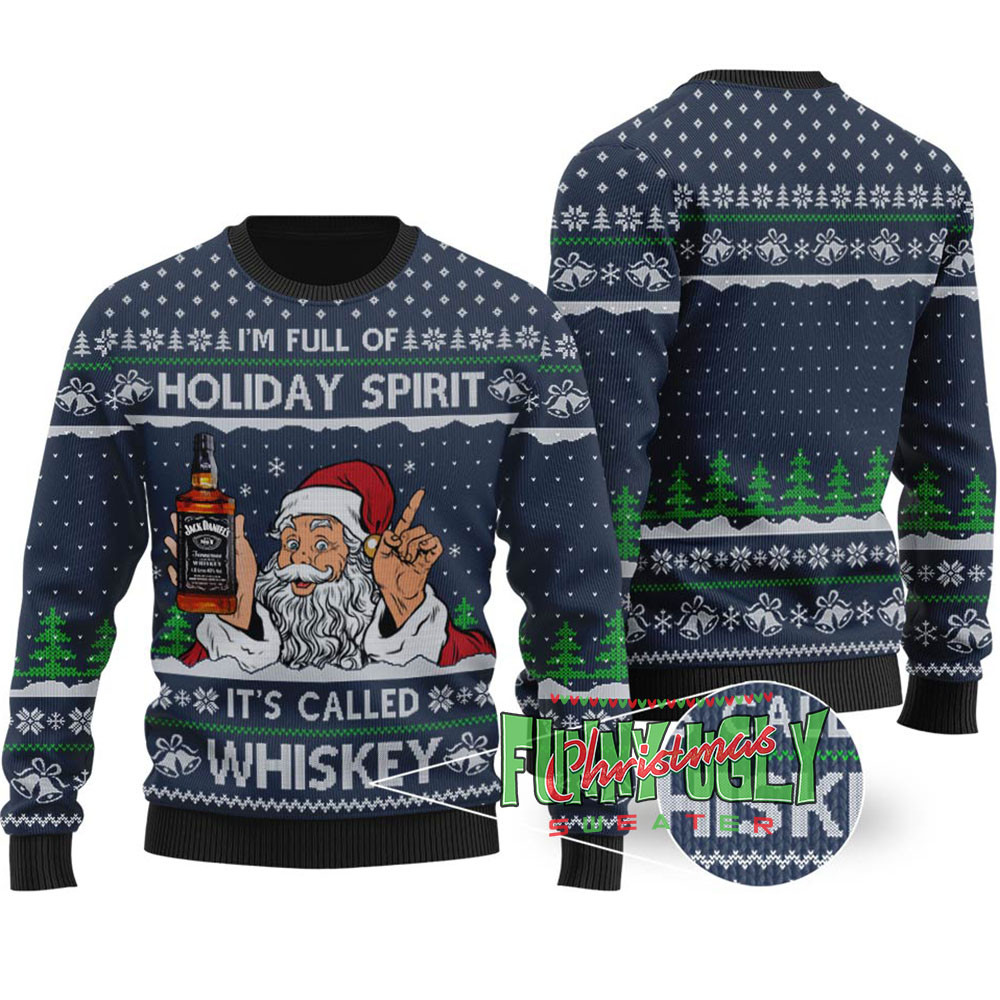 Funny Santa Drinking Whiskey Ugly Christmas Sweater Navy Trendy Christmas Sweater for Winter Outfits