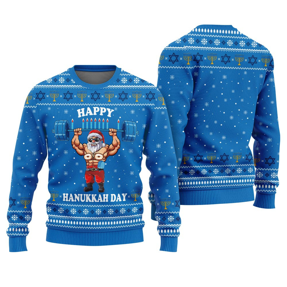 Funny Santa Lifting Ugly Holiday Sweater Hanukkah Heartwarming Christmas Gift Sweater for Him or Her
