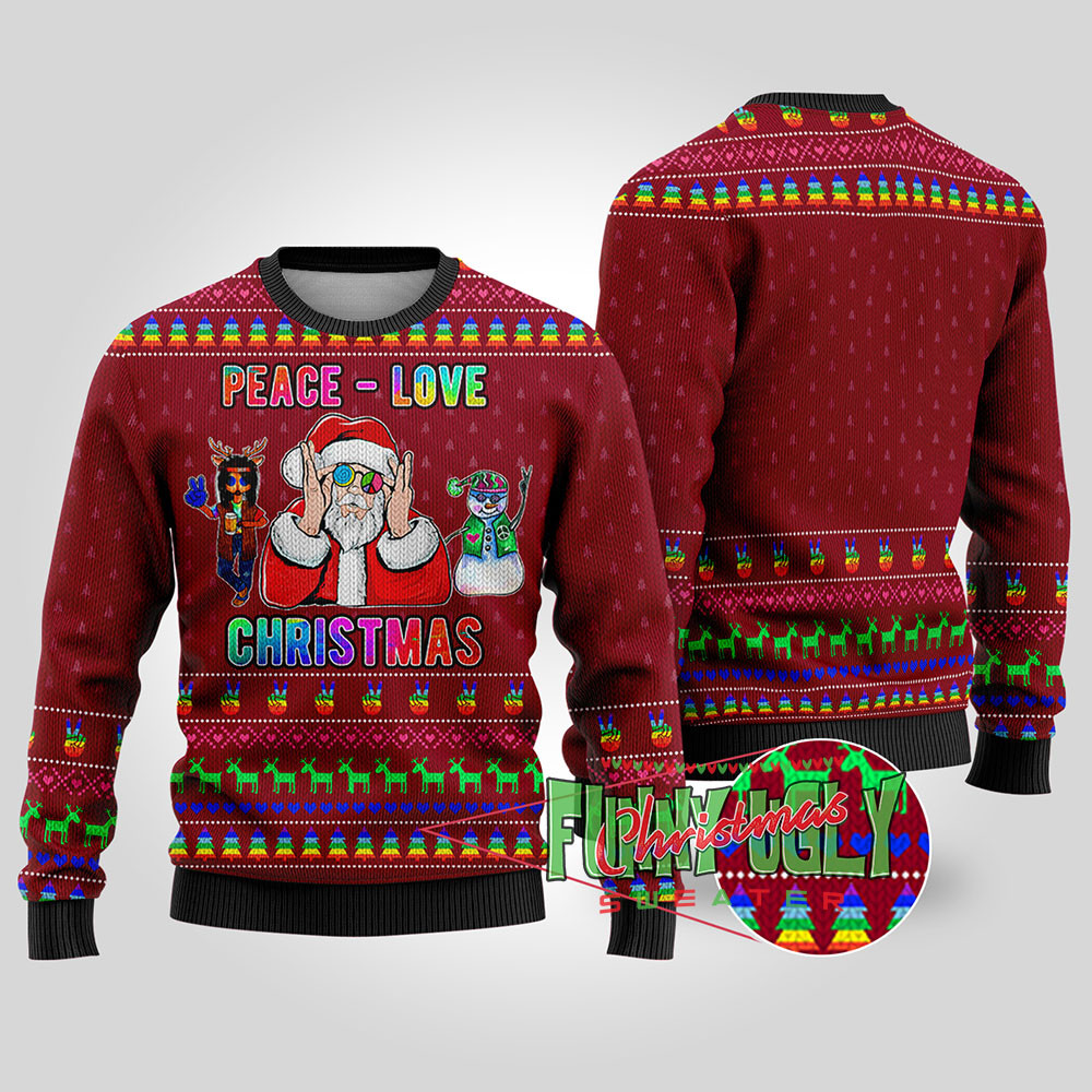Funny Santa Loves Peace Hip Hop Christmas Sweater Cardinal Red Heartwarming Christmas Gift Sweater for Him or Her