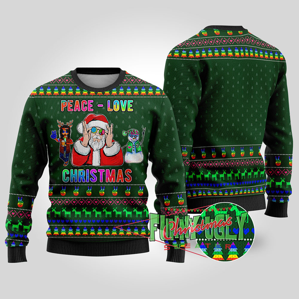 Funny Santa Loves Peace Hip Hop Christmas Sweater Forest Green Unique Holiday Merch Gift for Home and Family