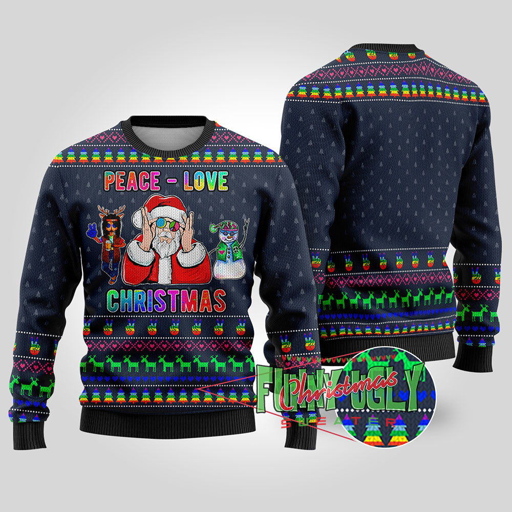 Funny Santa Loves Peace Hip Hop Christmas Sweater Navy Perfect Holiday Gift Merch for Sweater Lovers