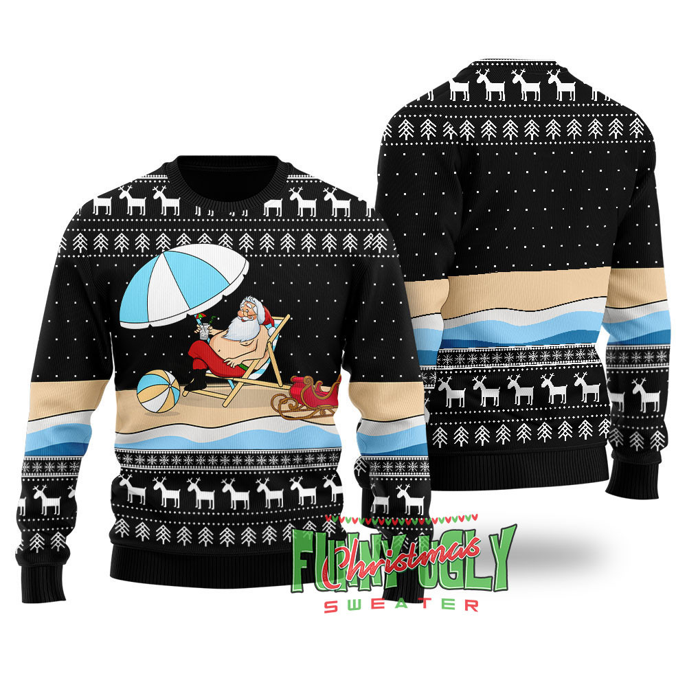 Funny Santa On The Beach Ugly Christmas Sweater Black Heartwarming Christmas Gift Sweater for Him or Her