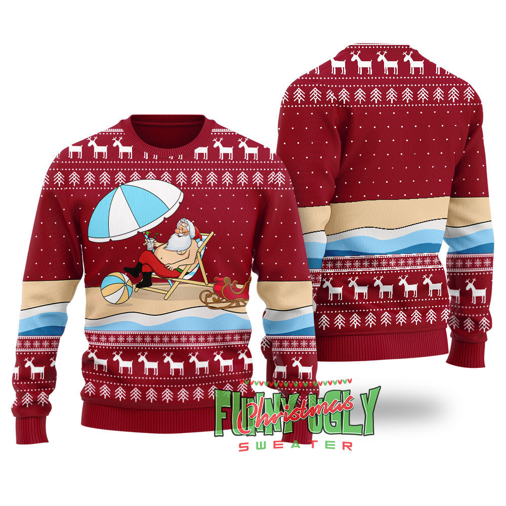 Funny Santa On The Beach Ugly Christmas Sweater Cardinal Red Warm Winter Merch Gift for Someone You Love