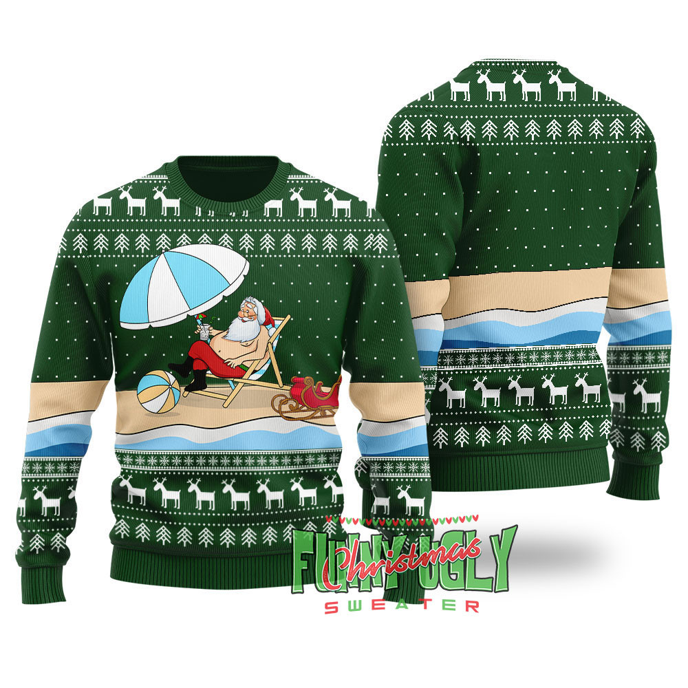 Funny Santa On The Beach Ugly Christmas Sweater Forest Green Holiday Gift Merch That Everyone Will Adore