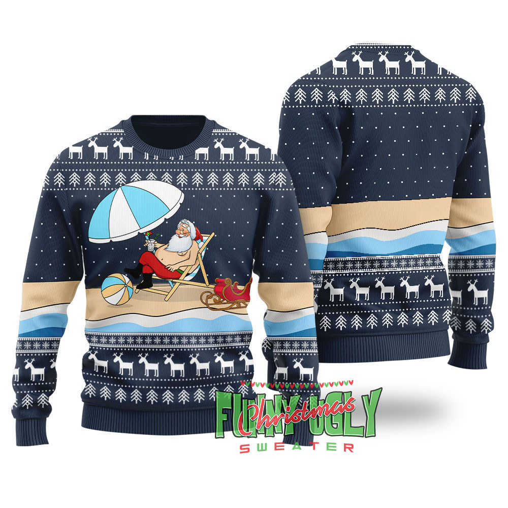 Funny Santa On The Beach Ugly Christmas Sweater Navy Unique Holiday Merch Gift for Home and Family