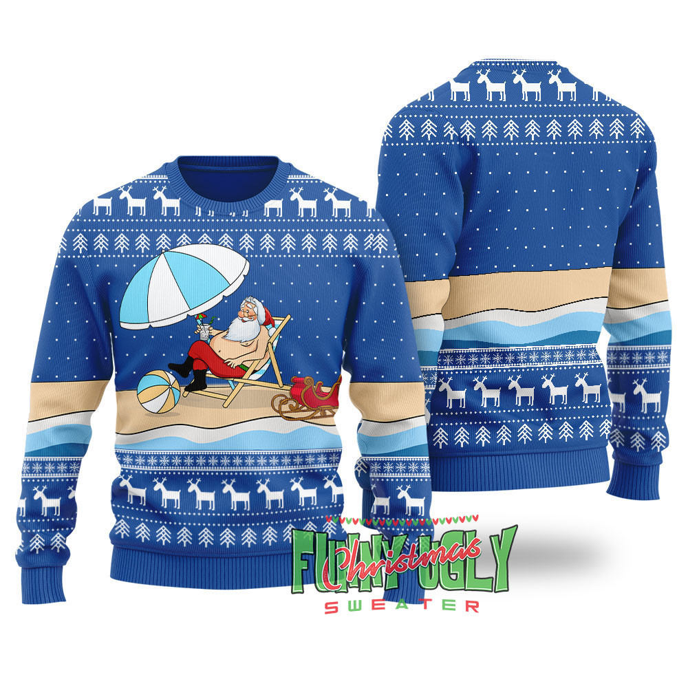 Funny Santa On The Beach Ugly Christmas Sweater Royal Best Christmas Merch Gift for Family and Friends
