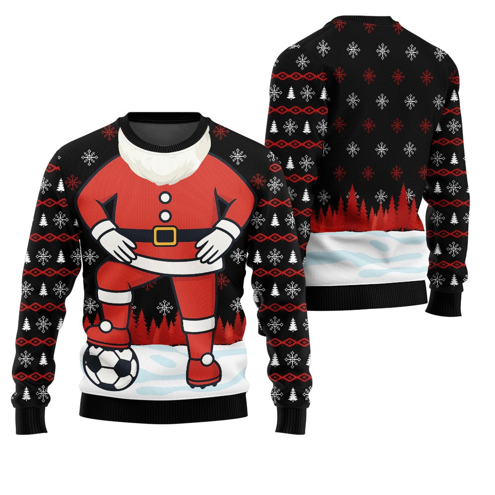 Funny Santa Playing Soccer Ugly Christmas Sweater Soft Cotton Sweatshirt for Winter Comfort