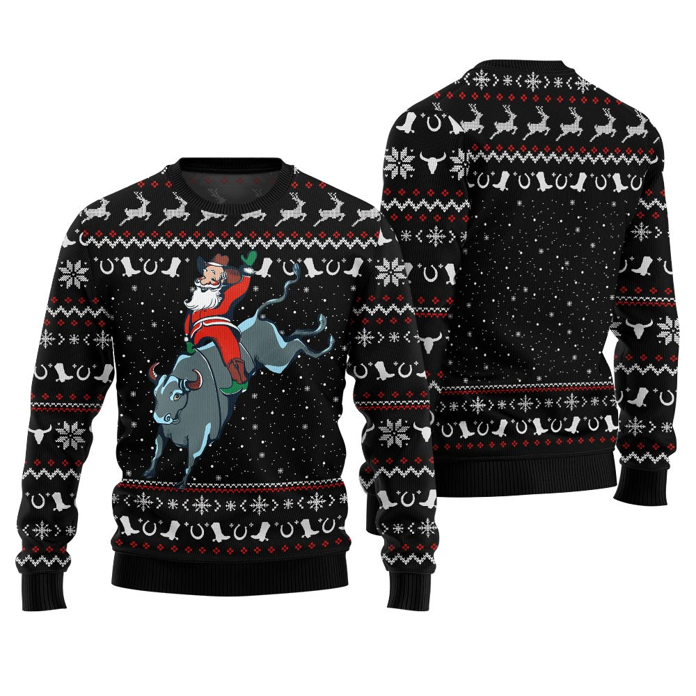 Funny Santa Rides A Bull Cowboy Christmas Sweater Popular Holiday Gift Merch for Everyone