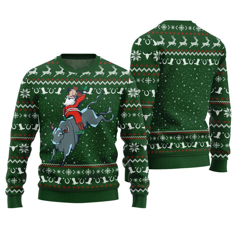 Funny Santa Rides A Bull Cowboy Season Christmas Green Trending Christmas Merch Gift 2025 Collection