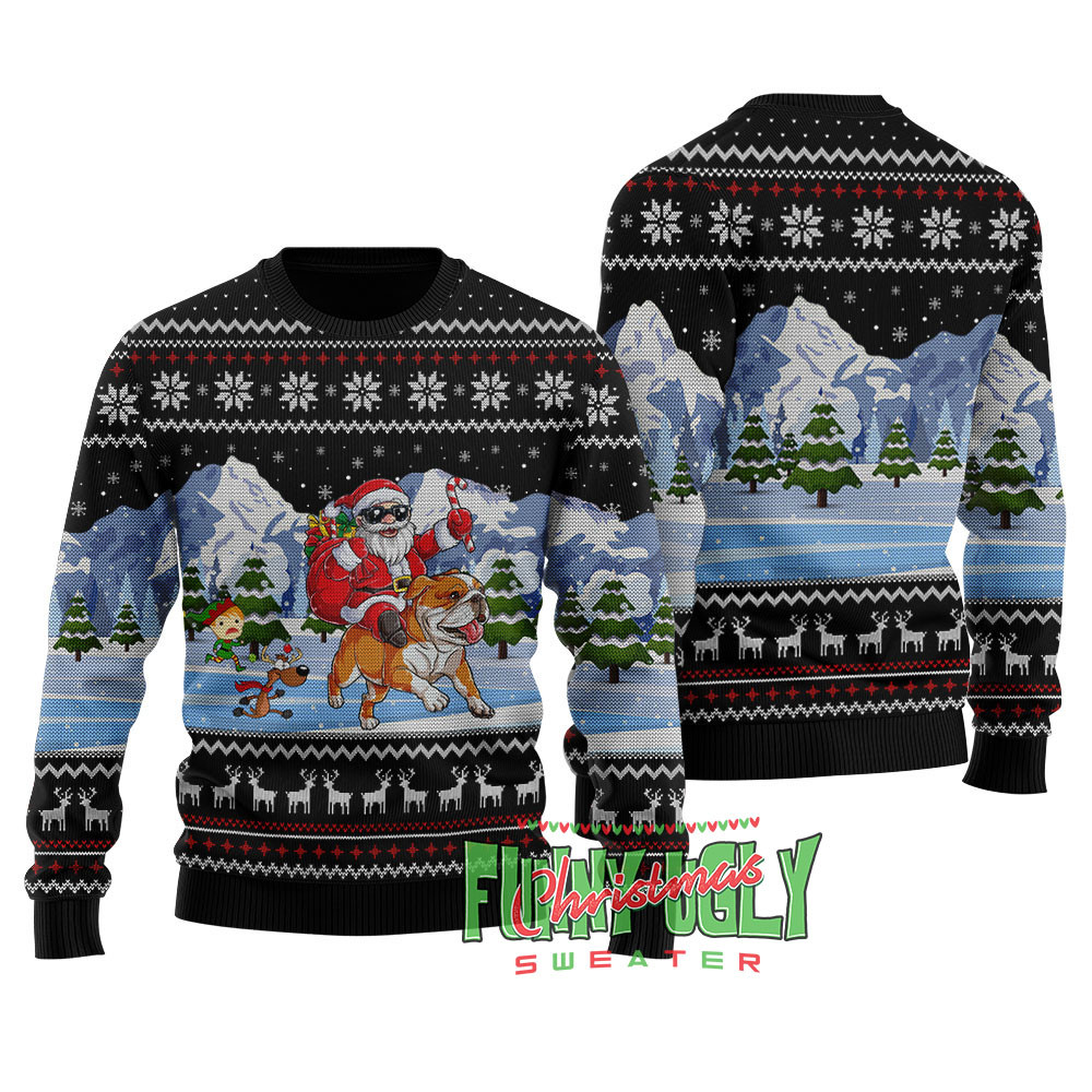 Funny Santa Riding Bulldog Christmas Sweater Black Festive Sweatshirt for Christmas Celebrations