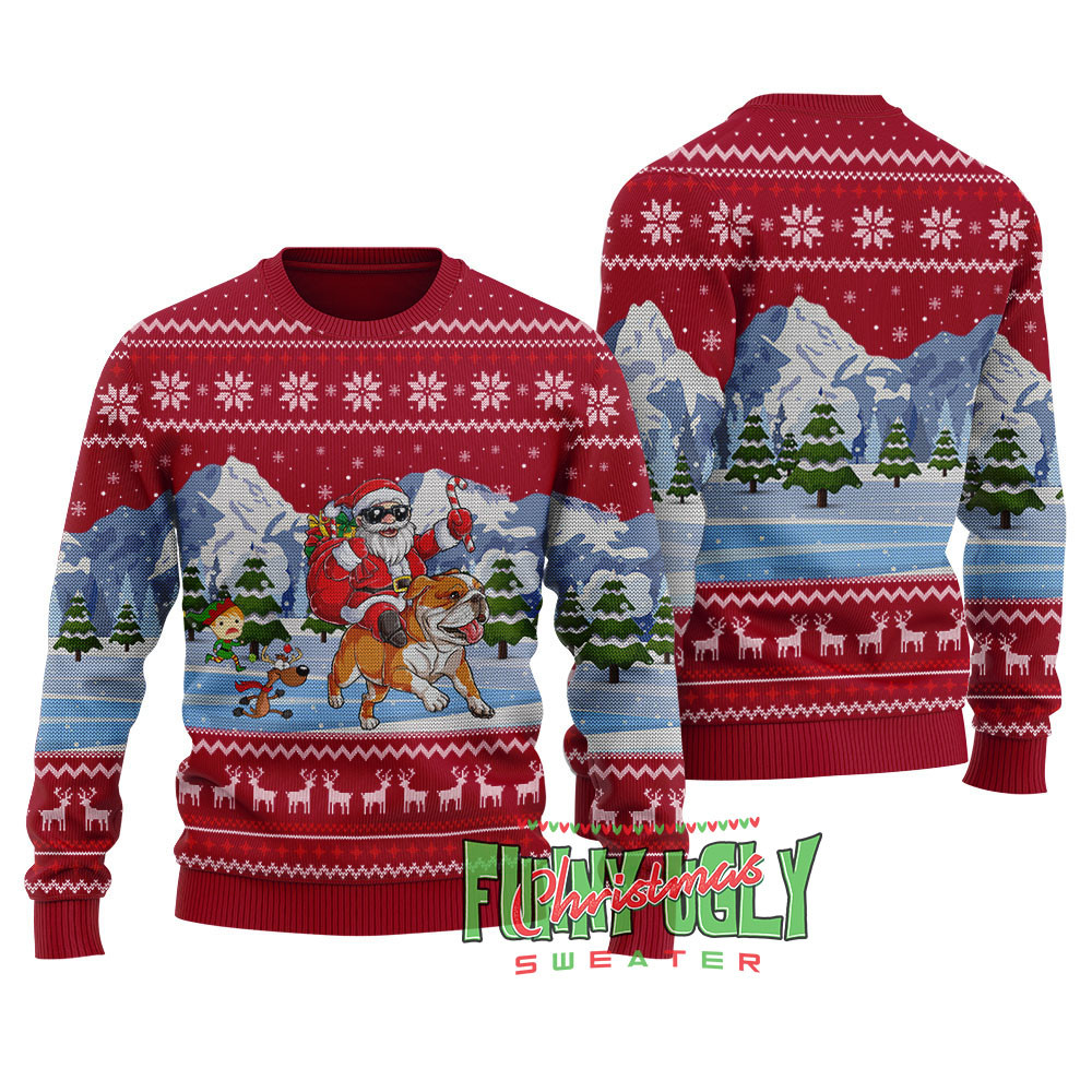 Funny Santa Riding Bulldog Christmas Sweater Cardinal Red Special Merch Gift Idea for Festive Celebrations