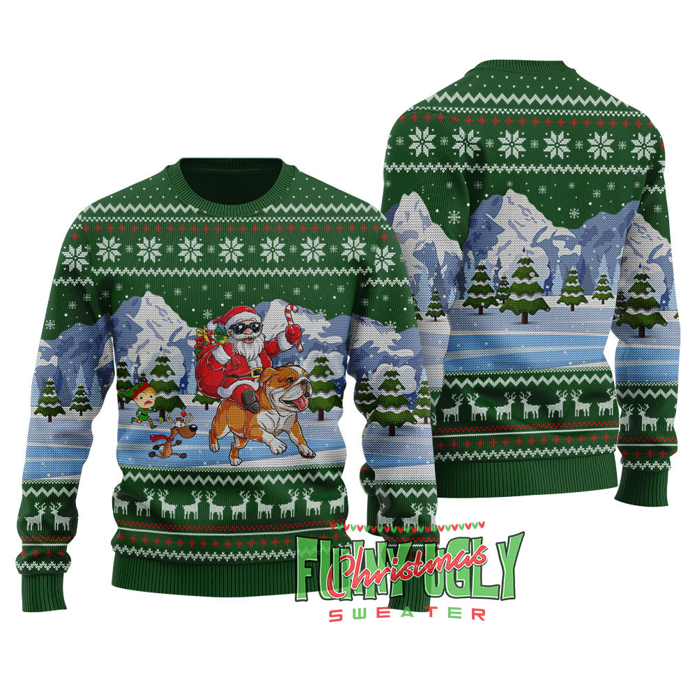 Funny Santa Riding Bulldog Christmas Sweater Forest Green Warm Winter Merch Gift for Someone You Love