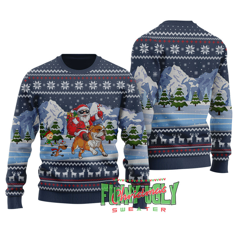 Funny Santa Riding Bulldog Xmas Sweater Navy Custom Christmas Sweatshirt for Family Matching