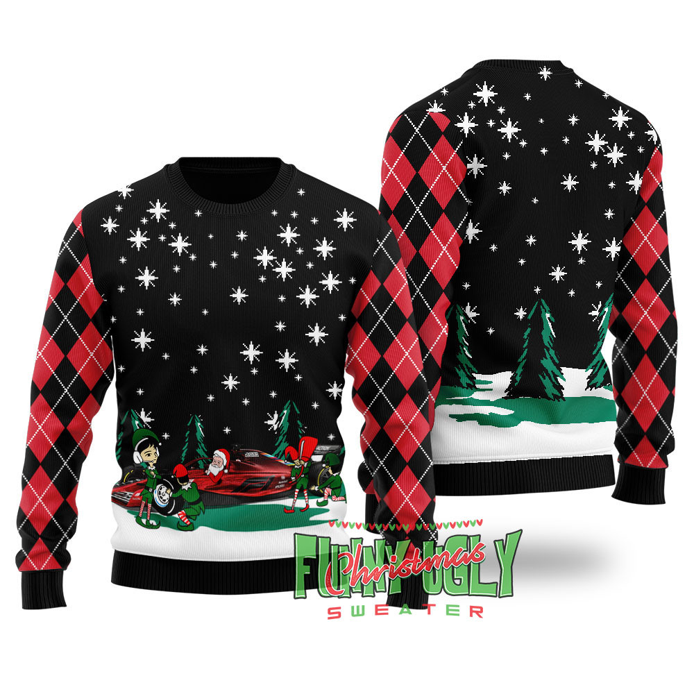 Funny Santa Riding F1 Ugly Christmas Sweater Black Lovely Merch Gift for Cozy Winter Nights