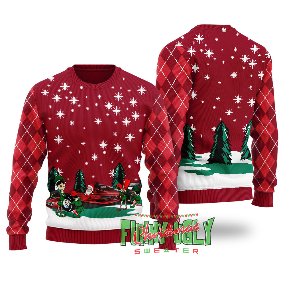 Funny Santa Riding F1 Ugly Christmas Sweater Cardinal Red Special Merch Gift Idea for Festive Celebrations
