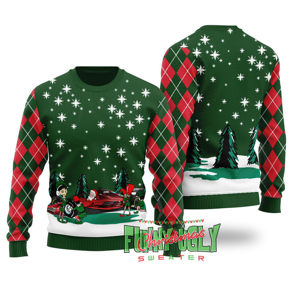Funny Santa Riding F1 Ugly Christmas Sweater Forest Green Trendy Christmas Sweater for Winter Outfits