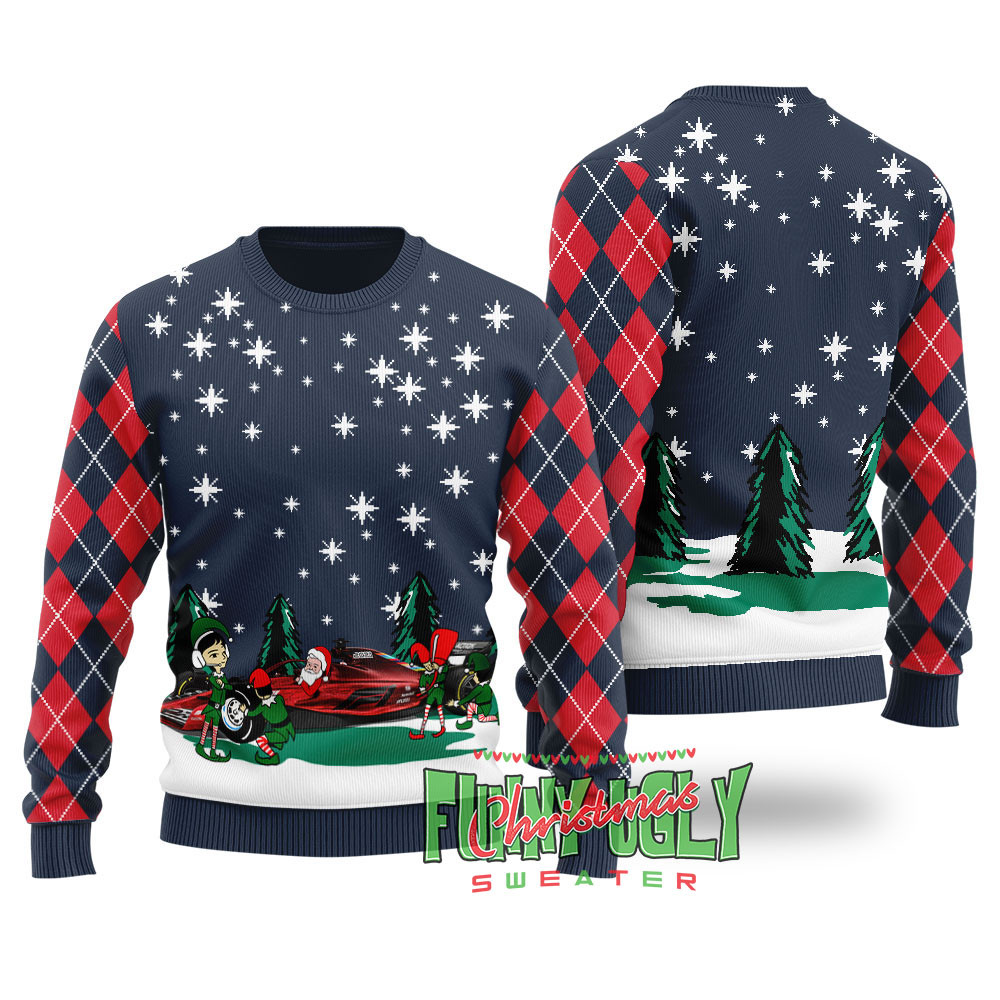 Funny Santa Riding F1 Ugly Christmas Sweater Navy Lovely Merch Gift for Cozy Winter Nights