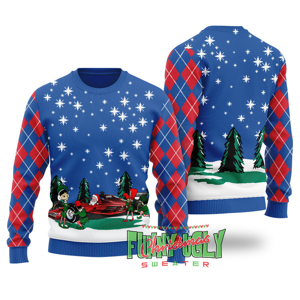 Funny Santa Riding F1 Ugly Christmas Sweater Royal Merry Christmas Sweatshirt for Holiday Fun