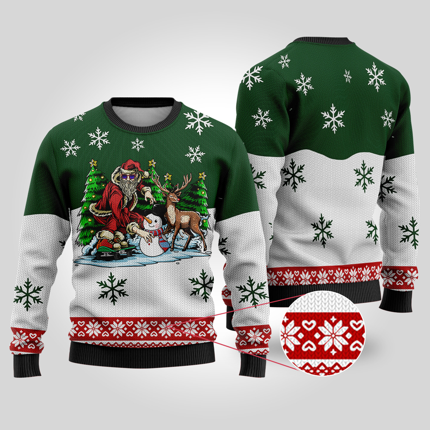 Funny Santa Skateboard Forest Green Ugly Christmas Sweater Comfortable Holiday Sweater for Chilly Nights