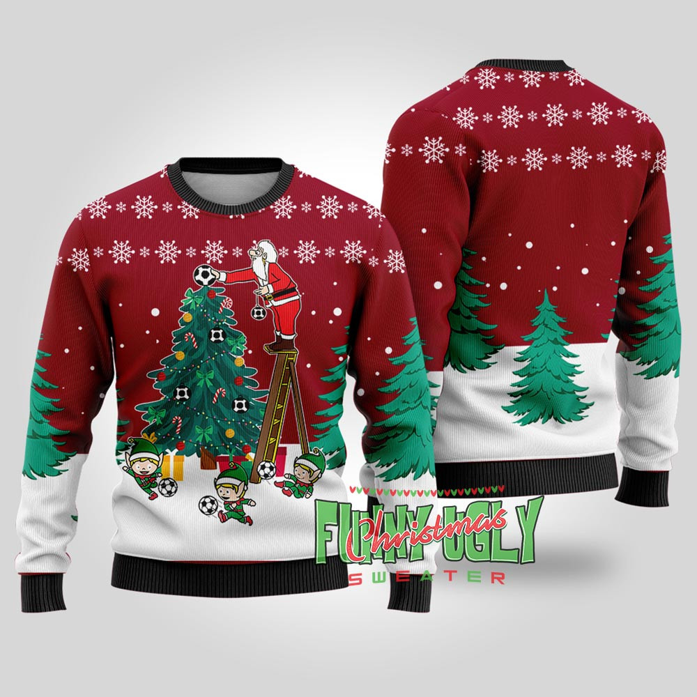 Funny Santa Soccer Ugly Christmas Sweater Cardinal Red Warm Winter Sweater to Brighten Your Holidays