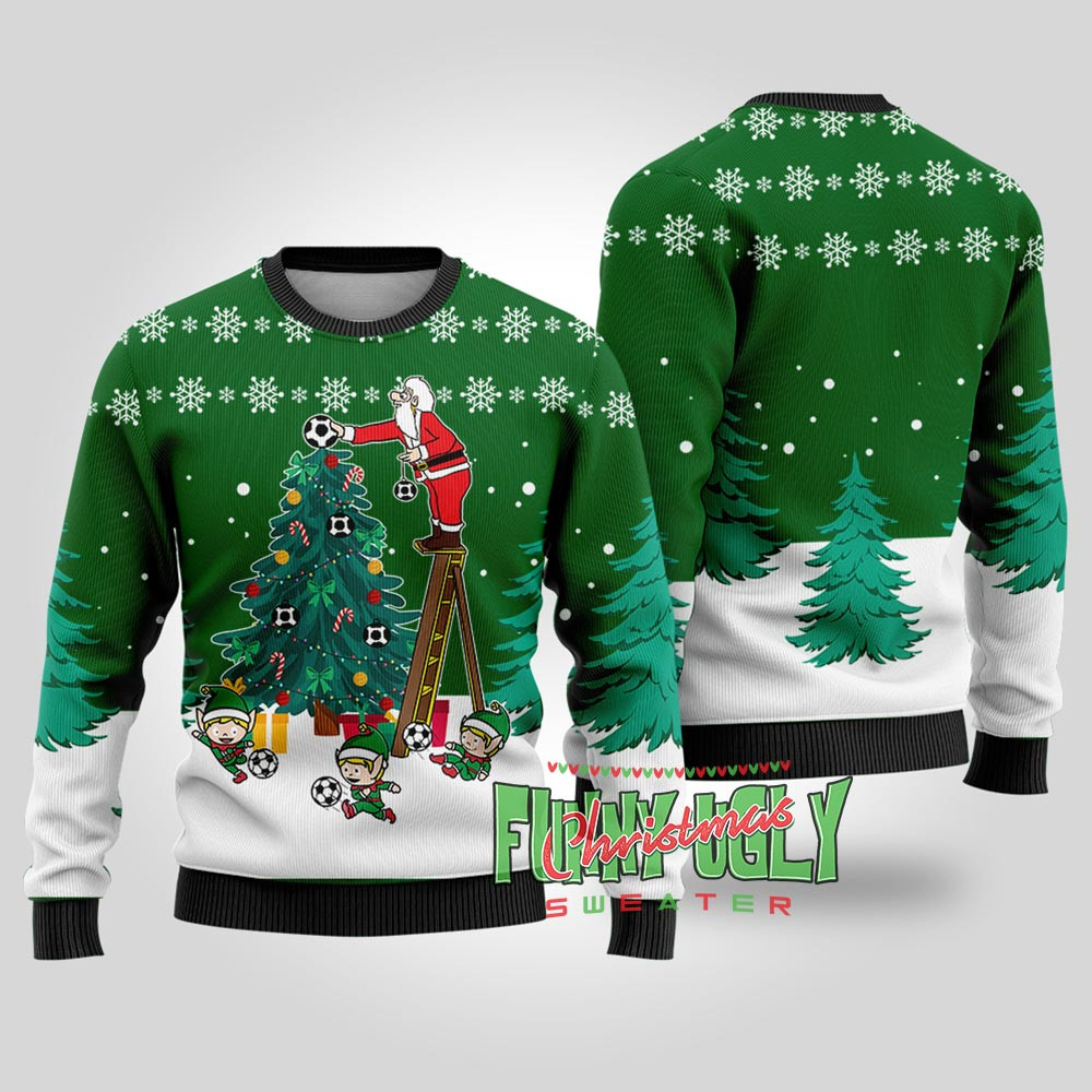 Funny Santa Soccer Ugly Christmas Sweater Forest Green Warm Winter Sweater to Brighten Your Holidays