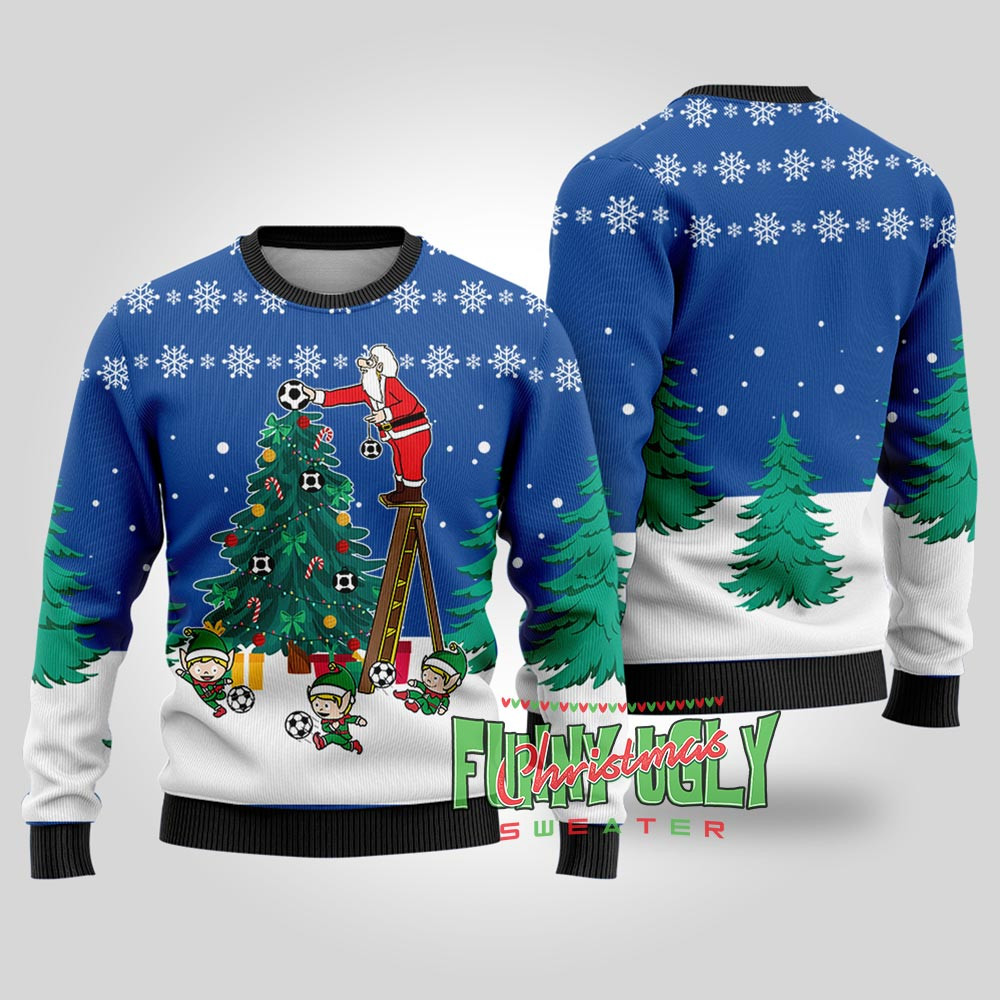 Funny Santa Soccer Ugly Christmas Sweater Royal Funny Holiday Sweater for Family Gatherings
