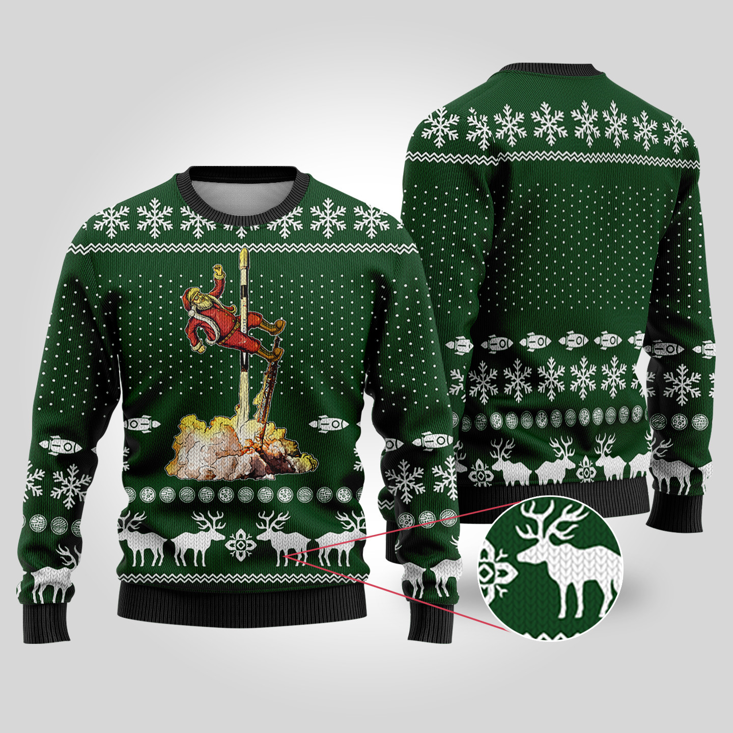 Funny Santa Spacex Falcon Ugly Christmas Sweater Forest Green Classic Holiday Sweater for Festive Looks