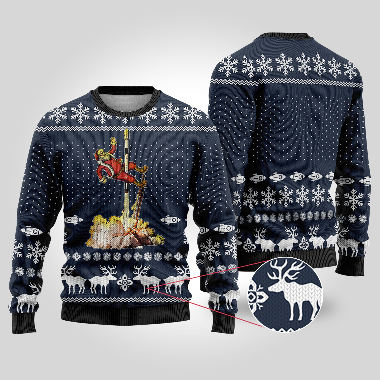 Funny Santa Spacex Falcon Ugly Christmas Sweater Navy Cute Christmas Sweatshirt for Holiday Spirit