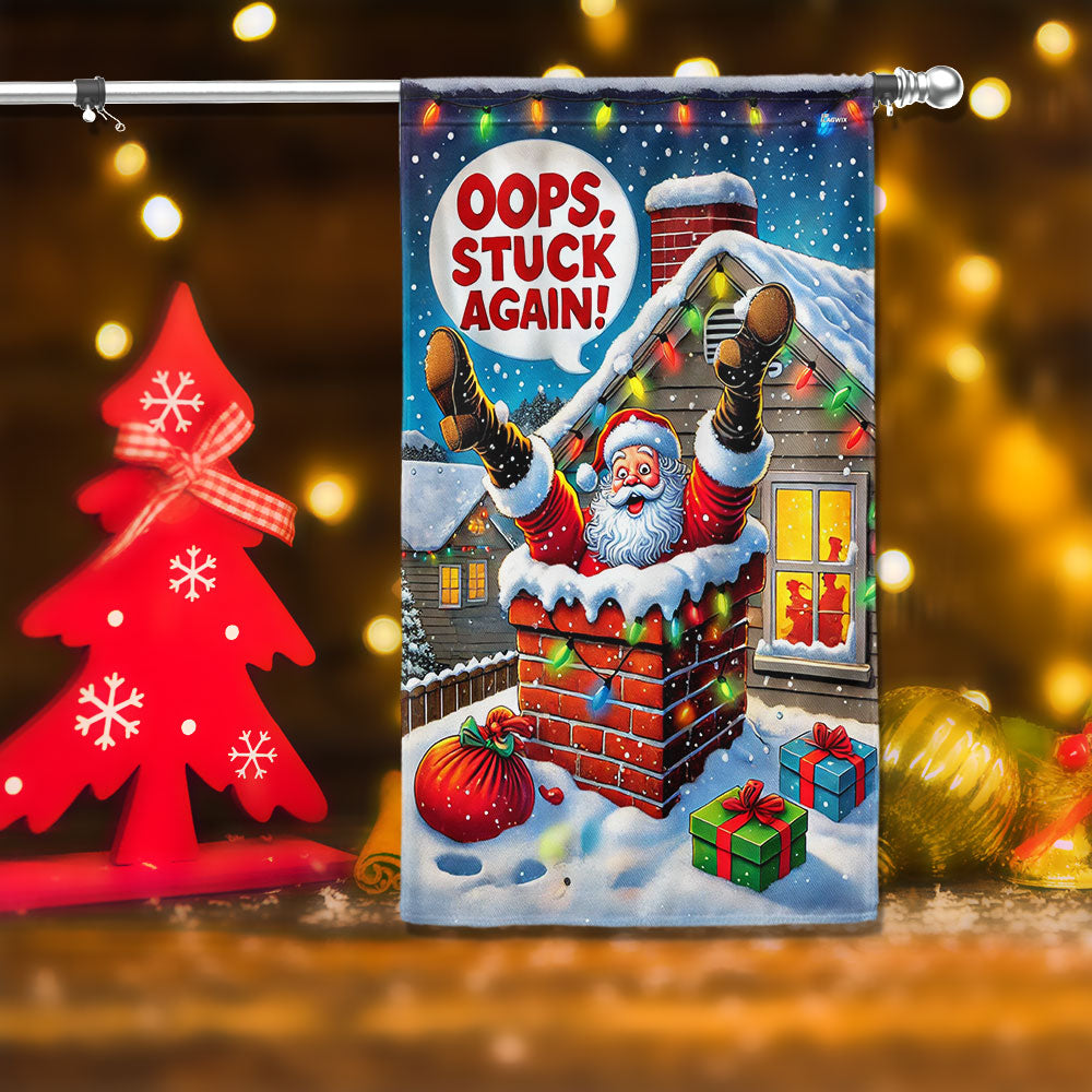 Funny Santa Stuck In A Chimney Christmas Flag