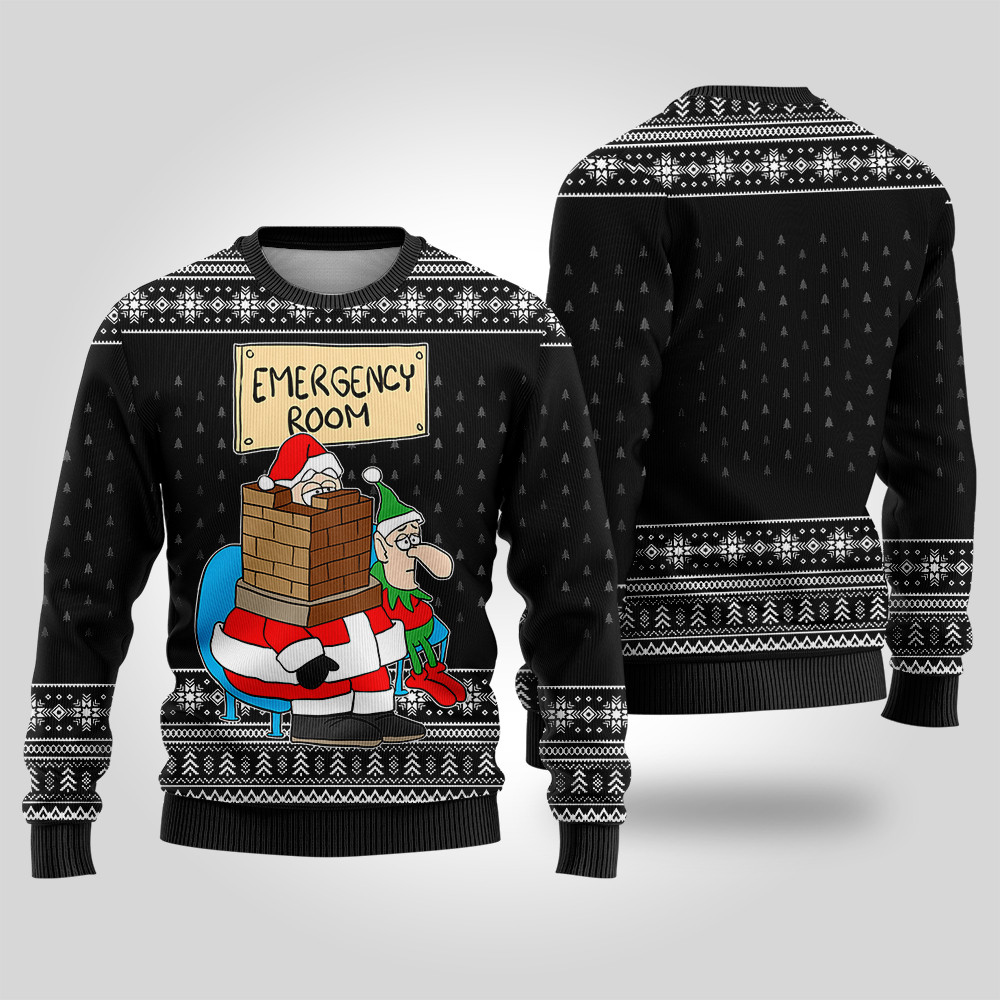 Funny Santa Stuck In Emergency Room Ugly Christmas Sweater Black Lovely Christmas Sweater Gift for Mom or Grandma