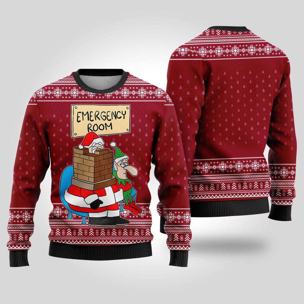 Funny Santa Stuck In Emergency Room Ugly Christmas Sweater Cardinal Red Special Merch Gift Idea for Festive Celebrations