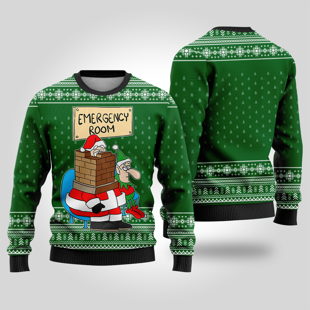 Funny Santa Stuck In Emergency Room Ugly Christmas Sweater Forest Green Lovely Merch Gift for Cozy Winter Nights