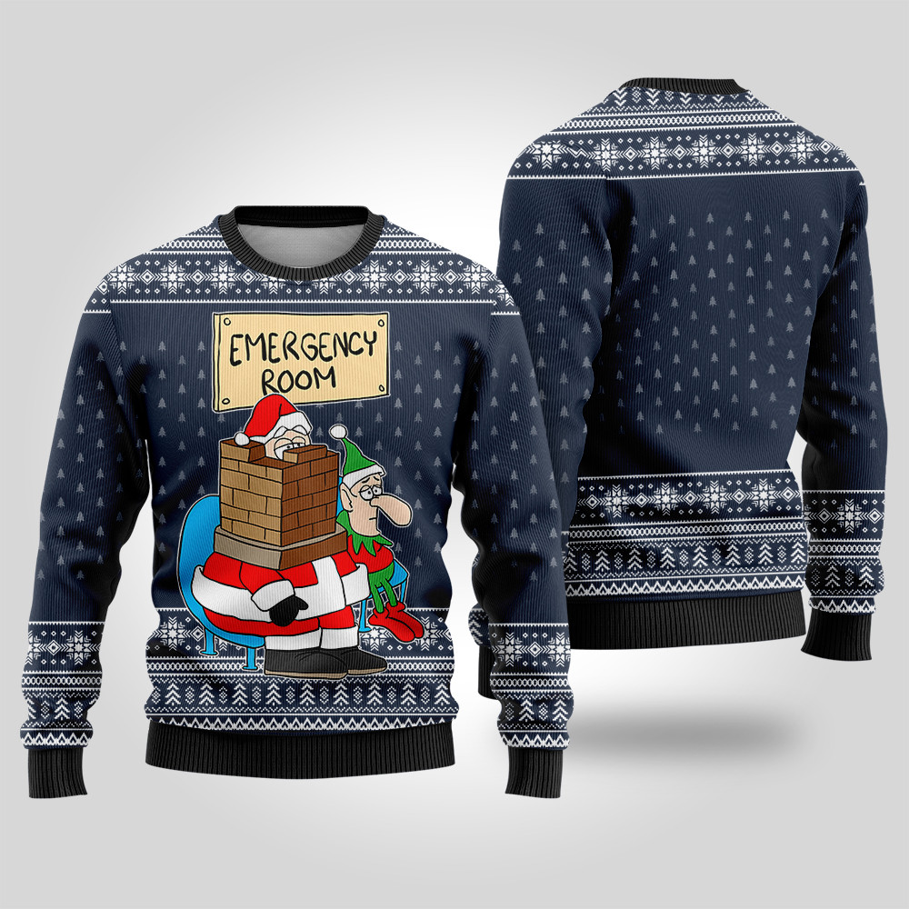 Funny Santa Stuck In Emergency Room Ugly Christmas Sweater Navy Holiday Gift Merch That Everyone Will Adore
