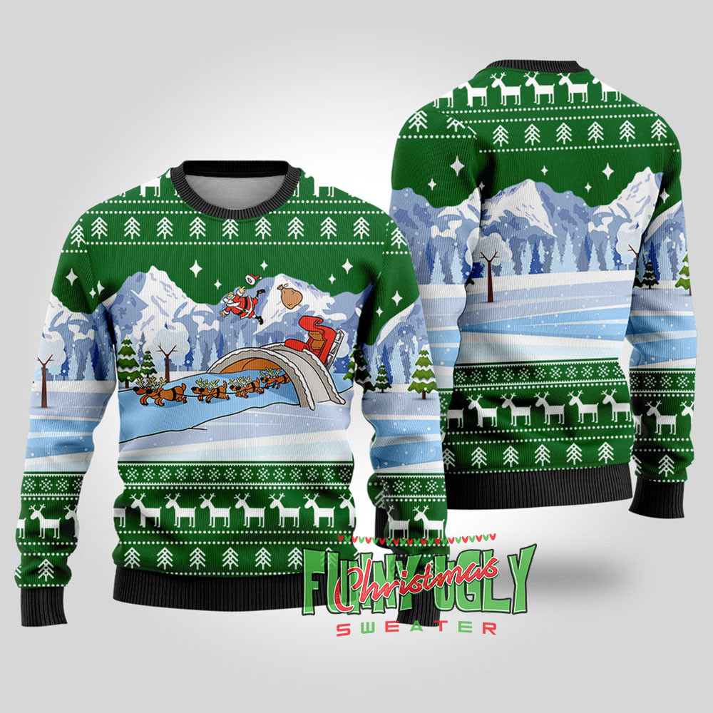 Funny Santas Sleigh Ugly Christmas Sweater Forest Green Perfect Gift Sweater for Friends and Family