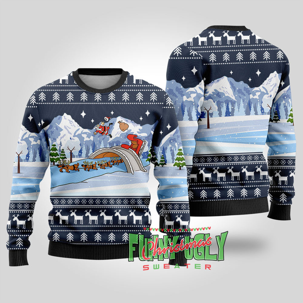 Funny Santas Sleigh Ugly Christmas Sweater Navy Comfortable Holiday Sweater for Chilly Nights