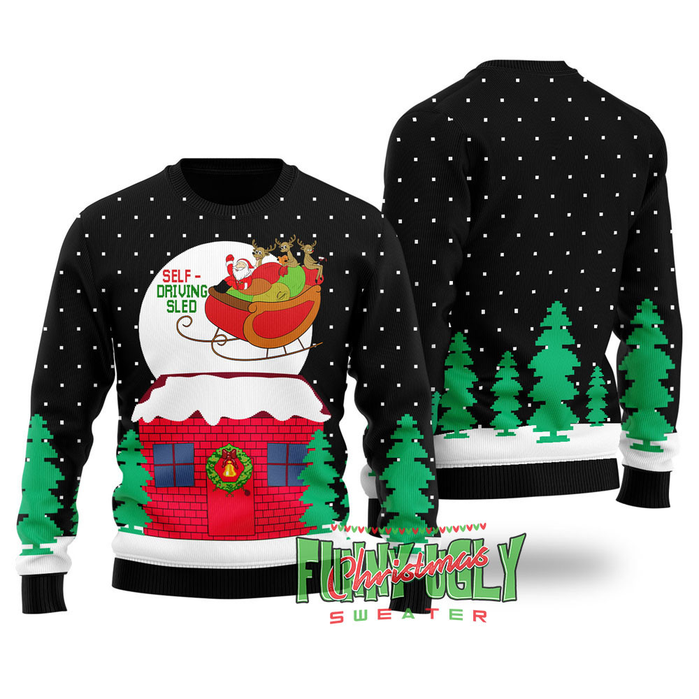 Funny Selfdriving Sled Ugly Christmas Sweater Black Christmas Merch Gift That Brings Joy and Warmth