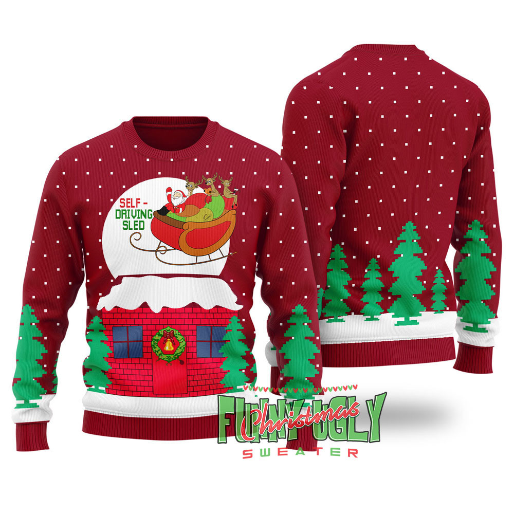 Funny Selfdriving Sled Ugly Christmas Sweater Cardinal Red Funny Holiday Sweater for Family Gatherings