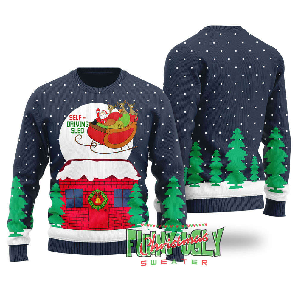 Funny Selfdriving Sled Ugly Christmas Sweater Navy Festive Sweatshirt for Christmas Celebrations