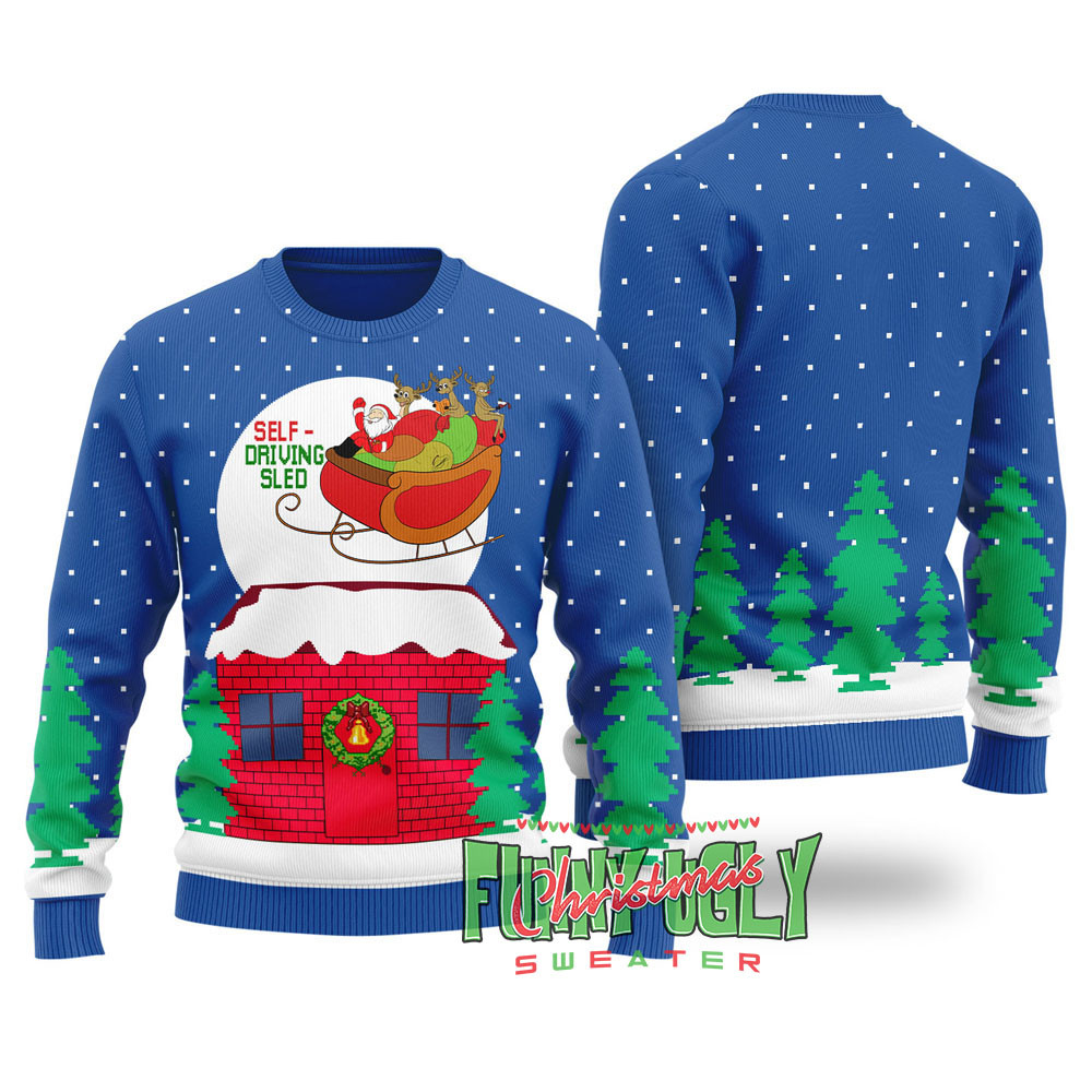 Funny Selfdriving Sled Ugly Christmas Sweater Royal Custom Holiday Sweater Merch That Warms the Heart