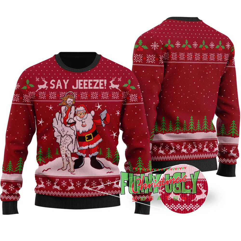 Funny Selfie Santa Ugly Christmas Sweater Cardinal Red Cozy Christmas Sweater for Holiday Season