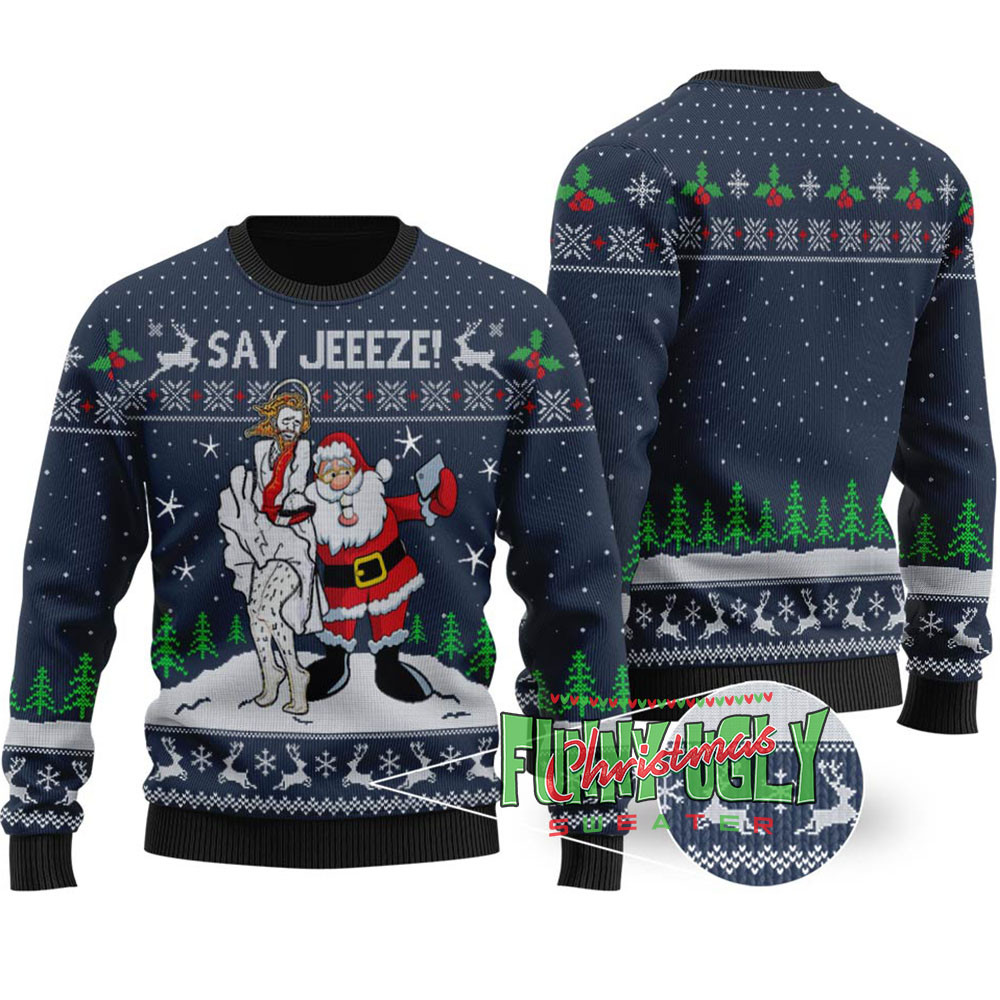 Funny Selfie Santa Ugly Christmas Sweater Navy Classic Holiday Sweater for Festive Looks