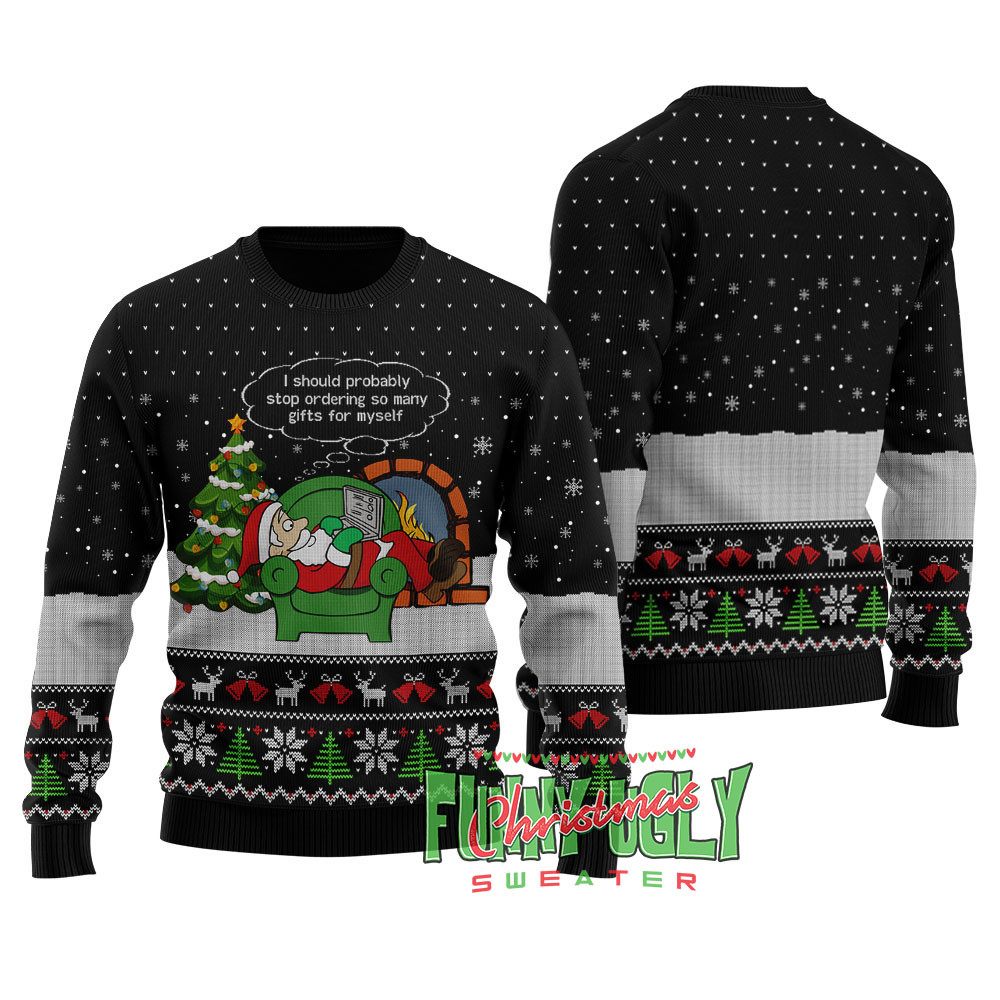 Funny Shopping Santa Ugly Christmas Sweater Black Warm Winter Sweater to Brighten Your Holidays
