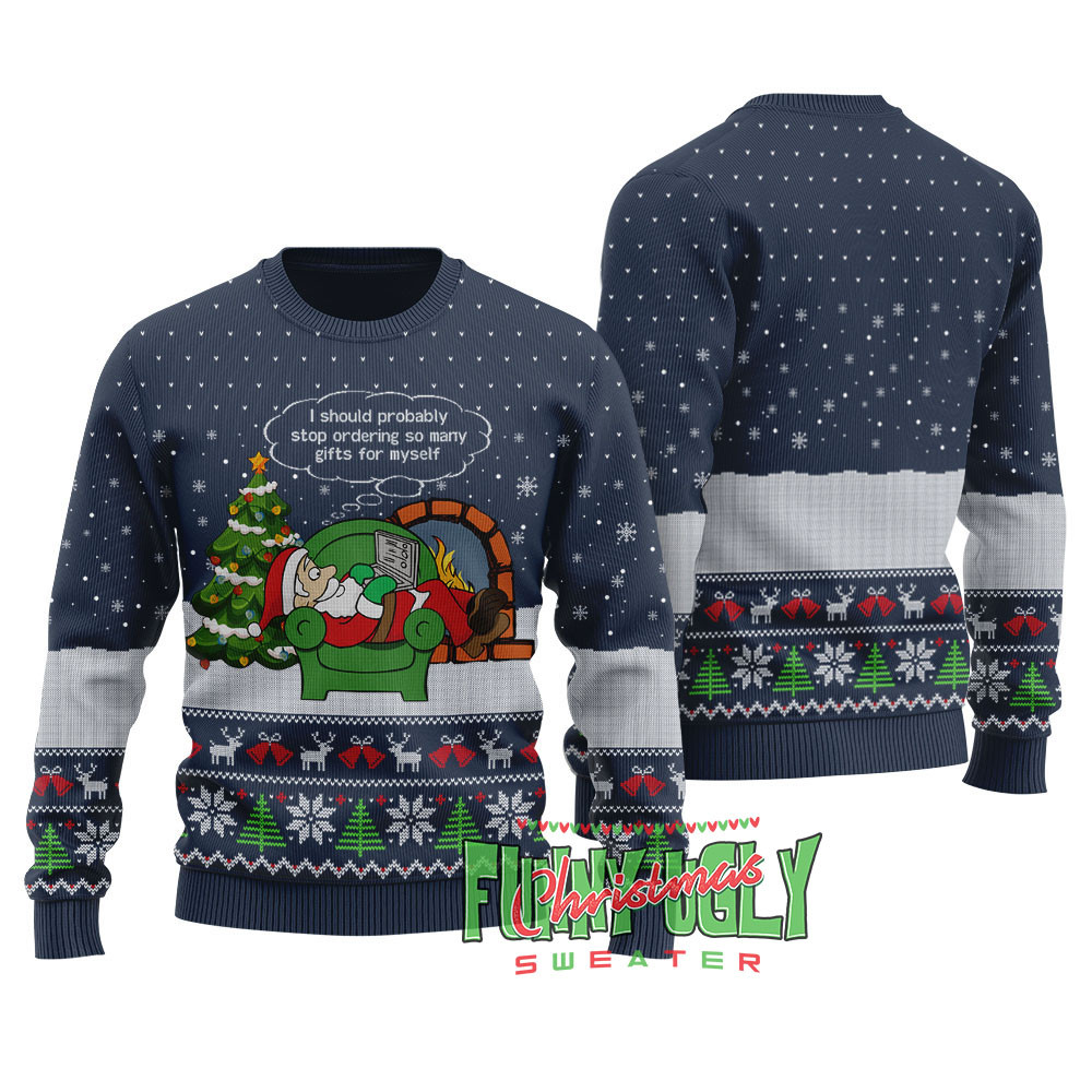 Funny Shopping Santa Ugly Christmas Sweater Navy Funny Holiday Sweater for Family Gatherings