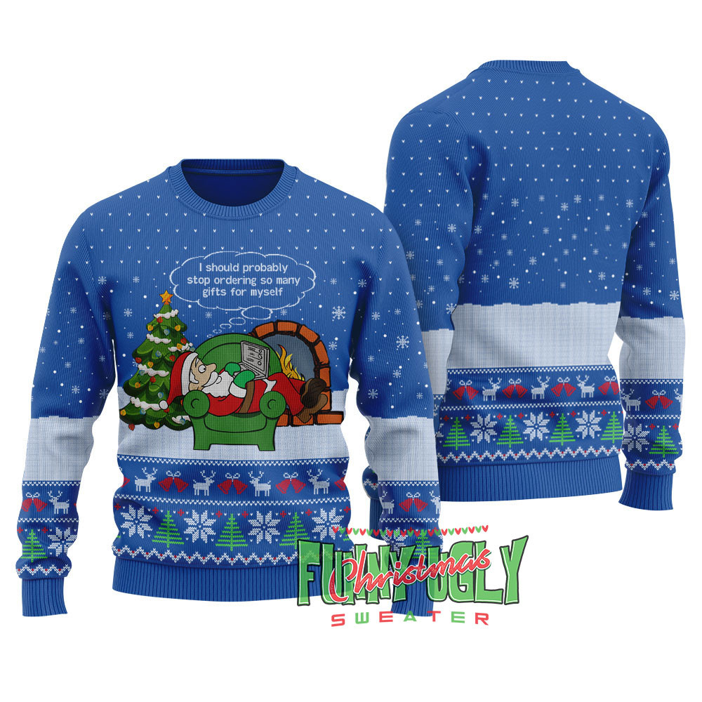 Funny Shopping Santa Ugly Christmas Sweater Royal Comfortable Holiday Sweater for Chilly Nights
